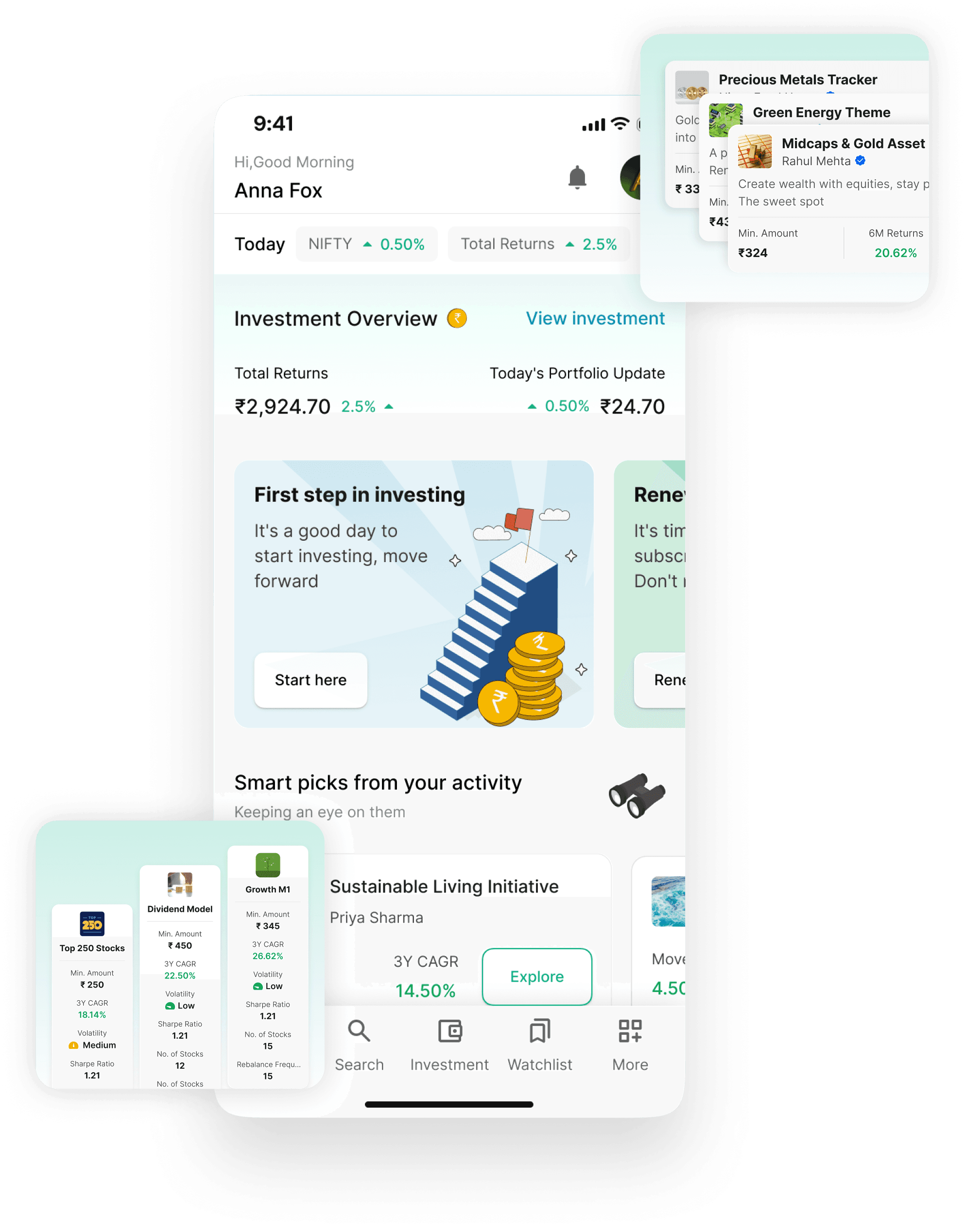 TejiFactor app preview showing investment overview and stock themes